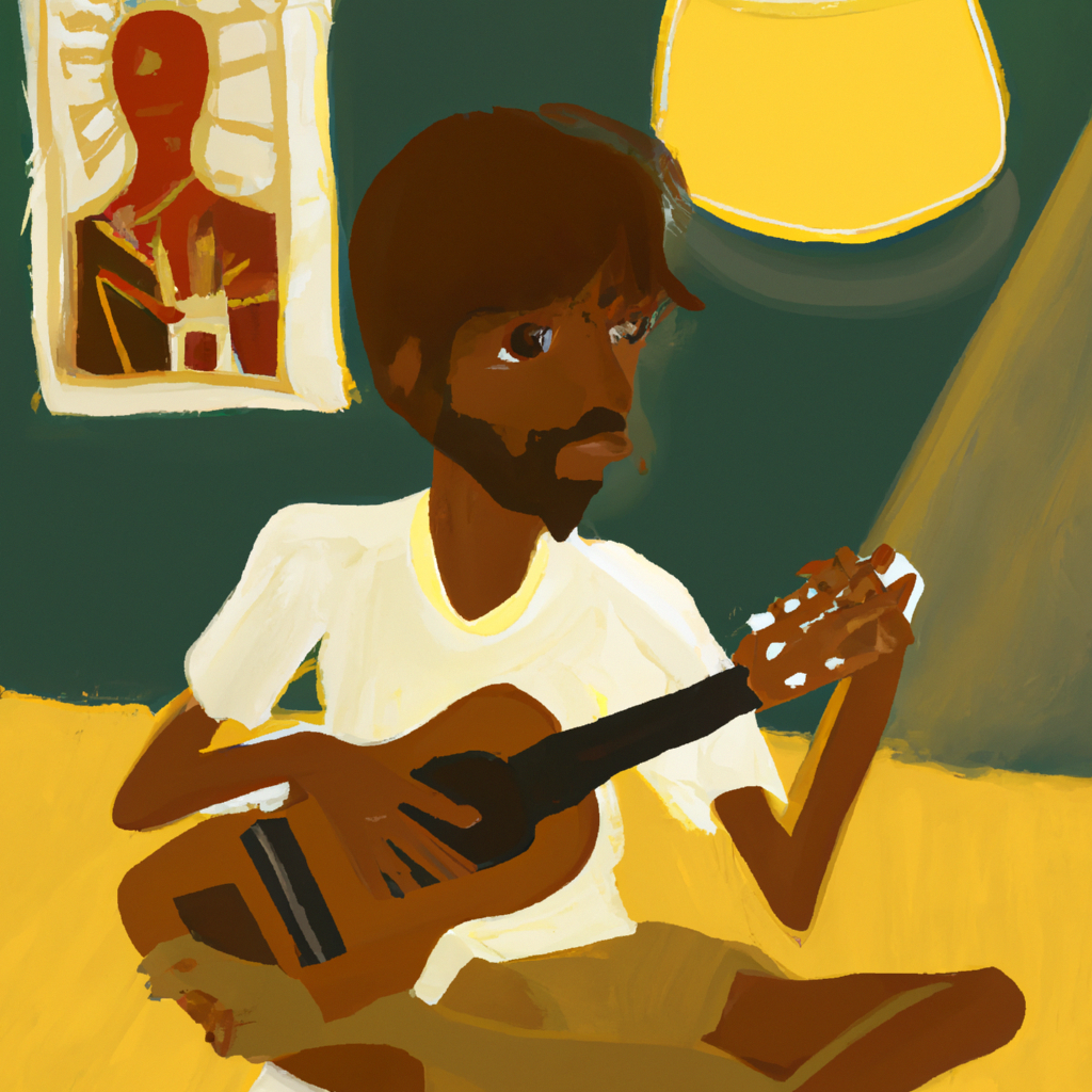 Um garoto pequeno barbudo tocando uma guitarra bege nos Estados Unidos